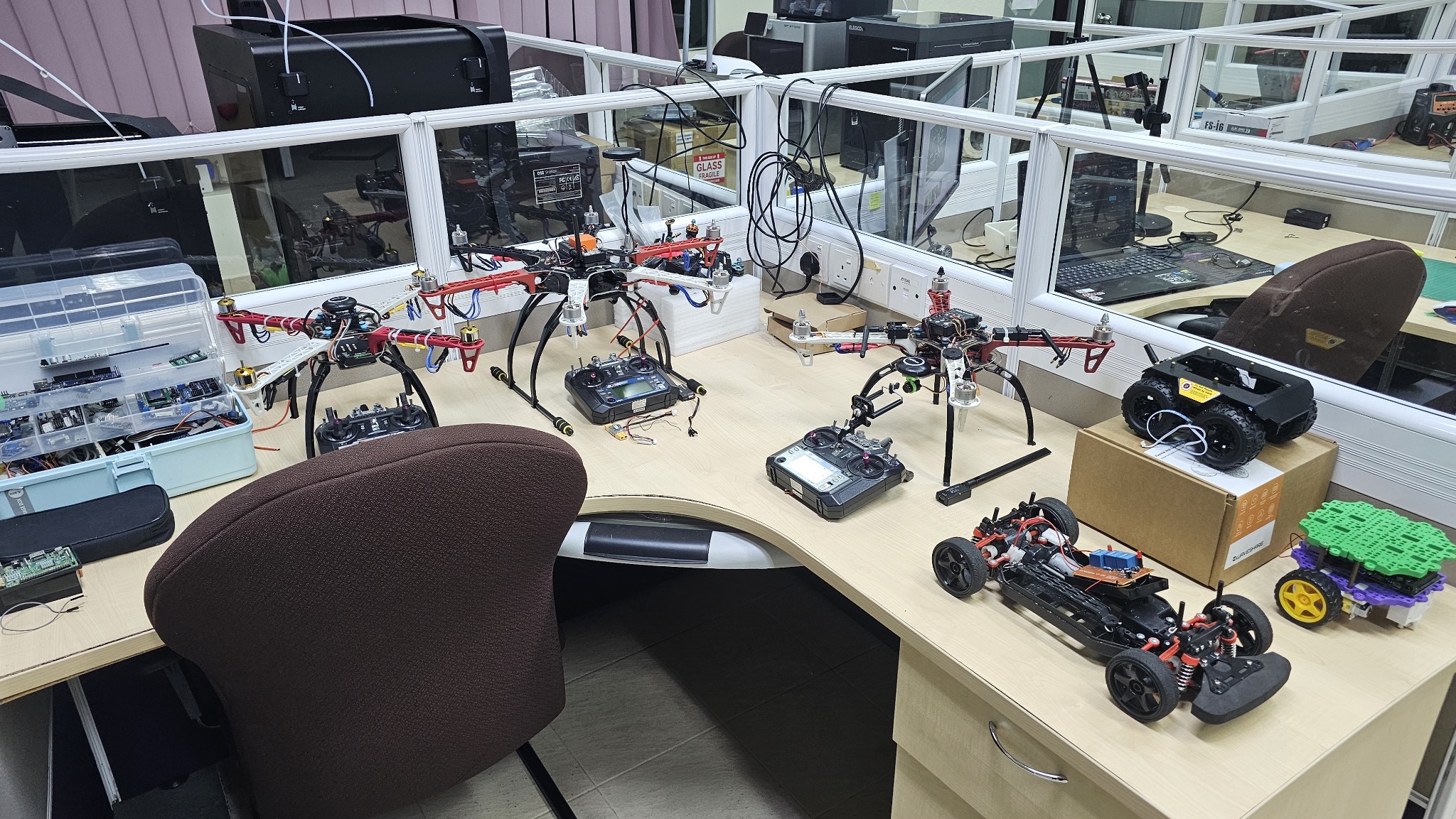 Affan’s robotics lab with multirotor UAV platforms and ground robots